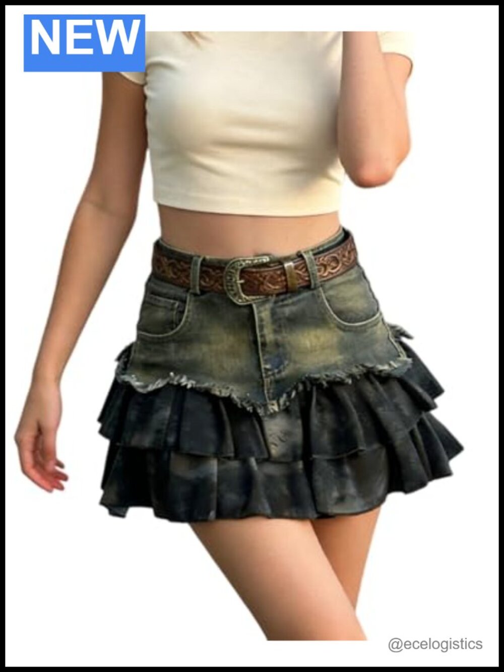 Y2K High Waist Distressed Denim Skort Ruffle A-Line Mini Skirt with Shorts